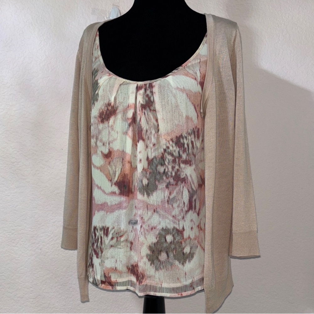 New York & Company Beige Cardigan with Floral Top - Picture 2 of 7